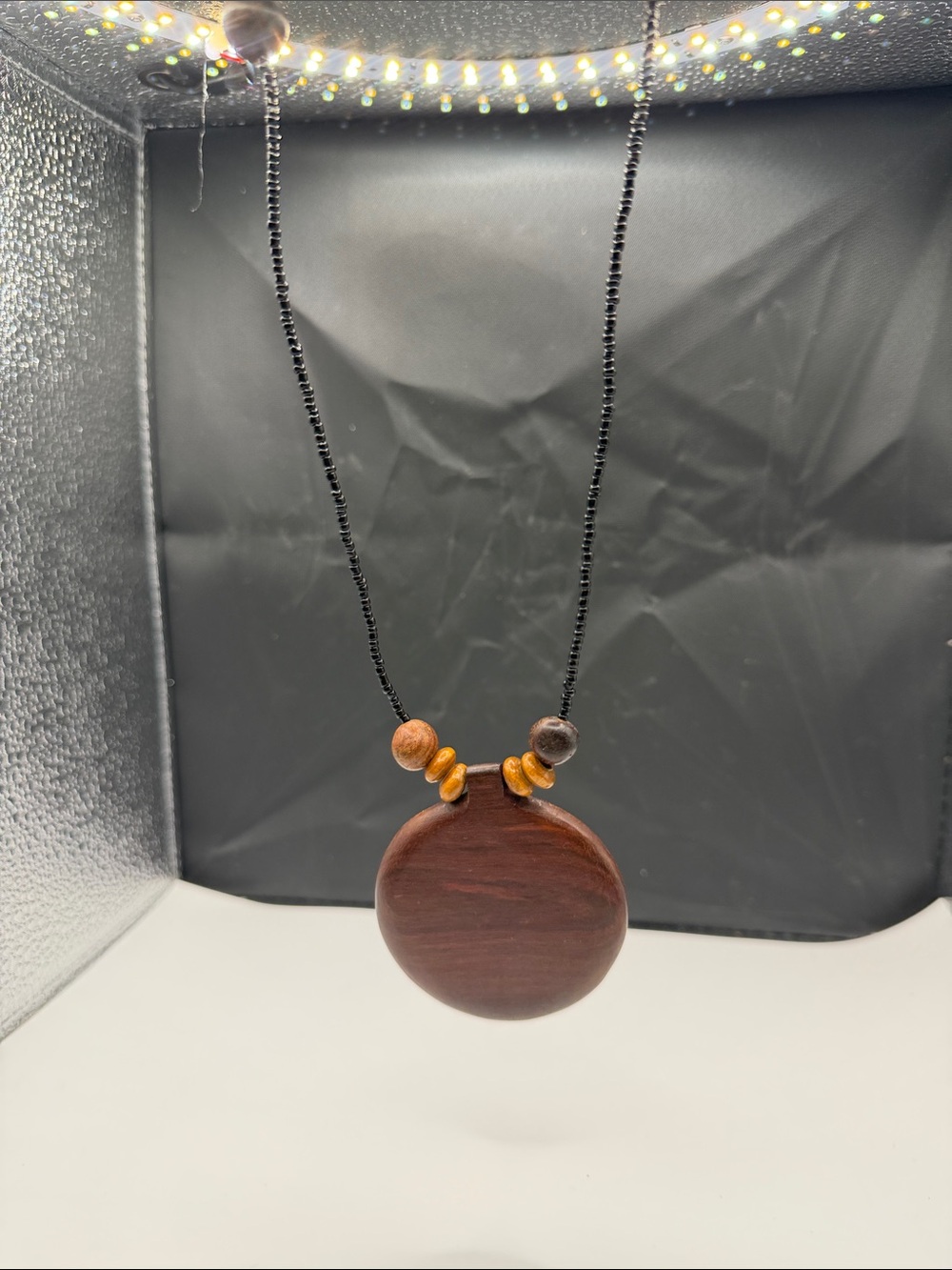 Handcrafted Dark Brown Wood Pendant Necklace with Black Beaded Cord